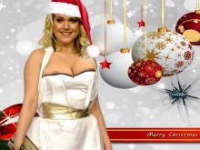 Jeanette Biedermann boobs pop out from tight dress on Merry Christmas postcard UHQ