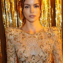Sofia Resing braless in see through bodysuit on Gold Obsession party at Paris Fashion Week in France 8x UHQ photos